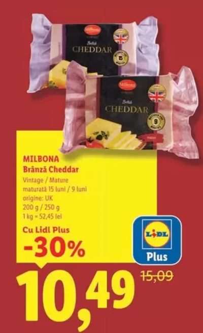 Brânză Cheddar — Vintage / Mature, maturizată 15 luni / 9 luni, origine: UK, 200 g / 250 g, 1 kg = 52,45 lei
