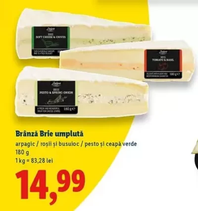 Brânză Brie umplută — arpagic/roşii şi busuloc / pesto și ceapă verde 180 g